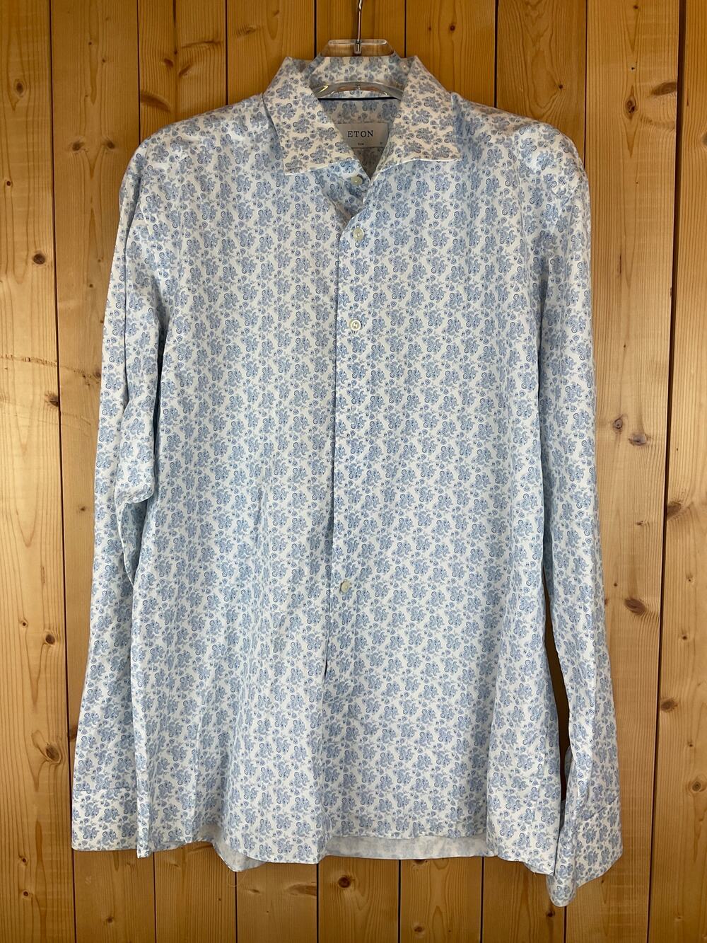 Eton Men's Long Sleeve Slim Fit Button-Up Dress Shirt, White/Blue - **Size XL